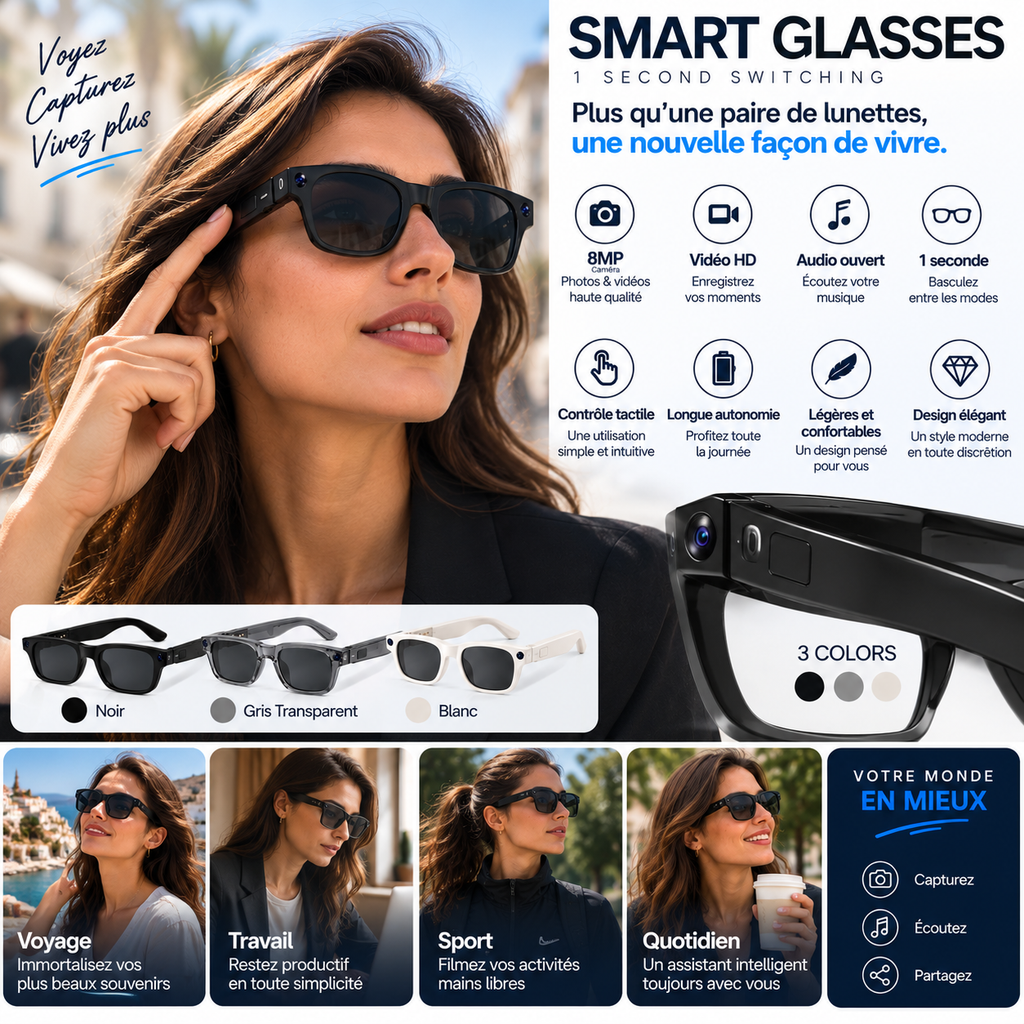 Smart Glasses 8MP – Lunettes Intelligentes avec Caméra & Contrôle Tactile