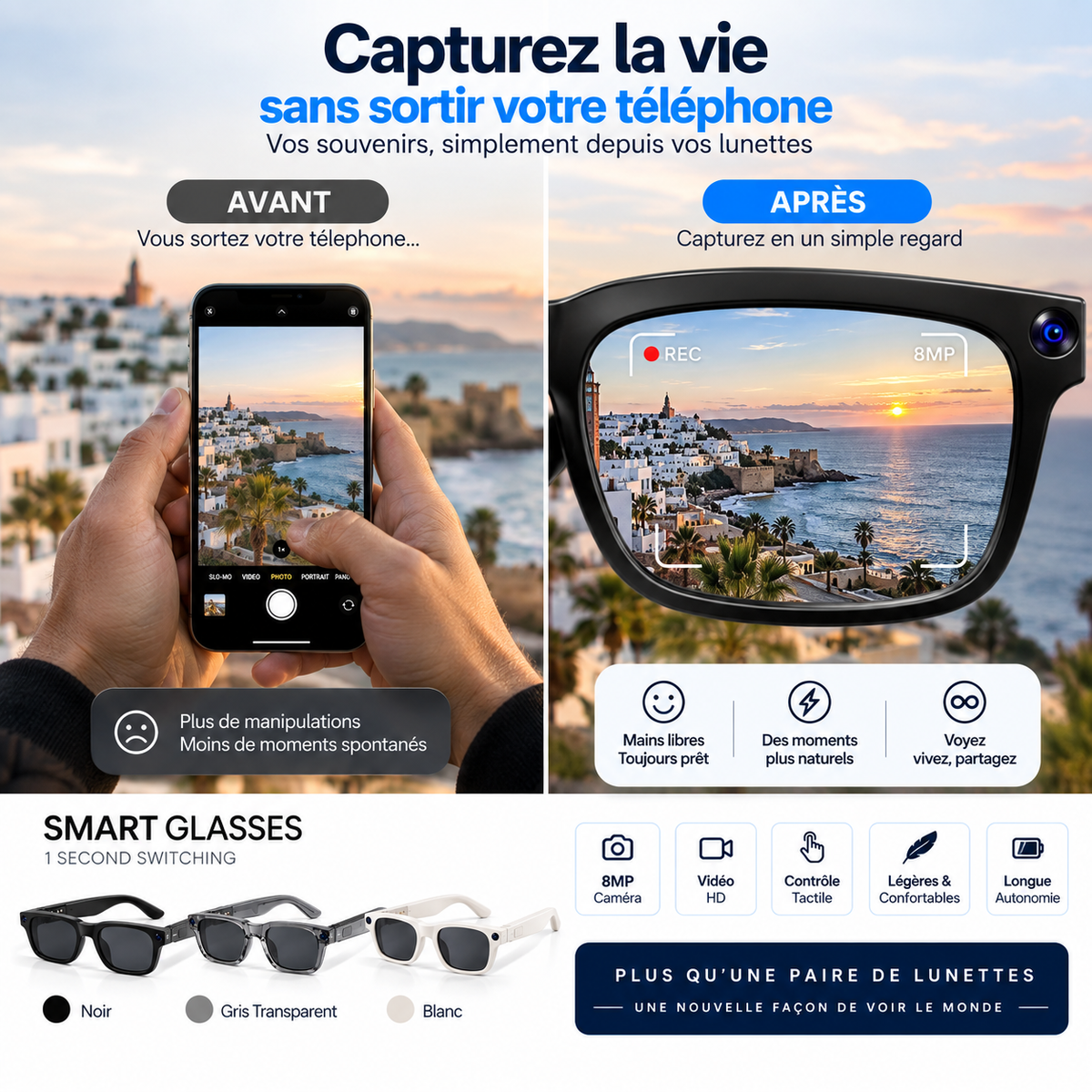 Smart Glasses 8MP – Lunettes Intelligentes avec Caméra & Contrôle Tactile