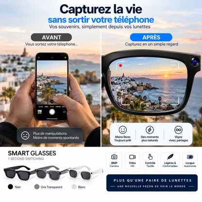 Smart Glasses 8MP – Lunettes Intelligentes avec Caméra & Contrôle Tactile