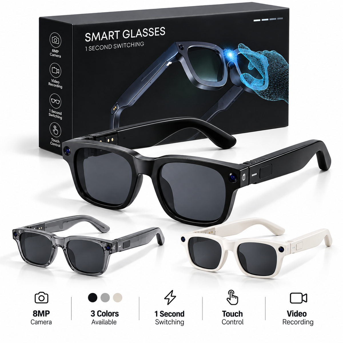 Smart Glasses 8MP – Lunettes Intelligentes avec Caméra & Contrôle Tactile